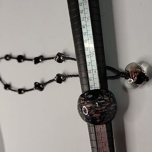 Glass Lampworks Murano style heart 9" necklace and size 7 ring blk gold white